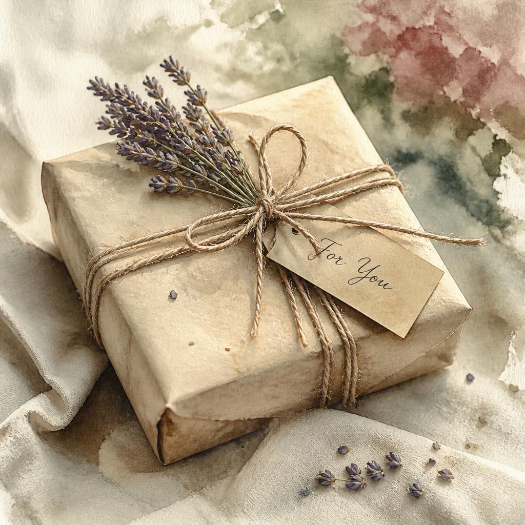 Watercolor of a wrapped gift with twine and a handwritten tag